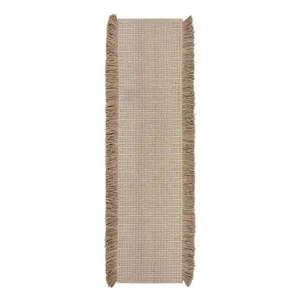 Béžový ručne tkaný behúň s prímesou vlny 60x230 cm Rene Fringed Ribbed – Flair Rugs vyobraziť