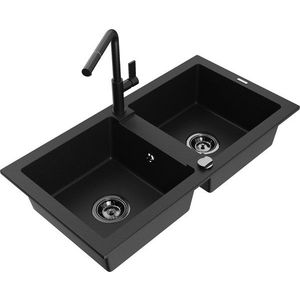 MEXEN/S MEXEN/S - Mario granitový drez 2-bowl vrátane batérie Flora, čierna 6504-77-670401-70-B vyobraziť