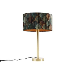 Stolná lampa mosadzná s oválnym zamatovým tienidlom s motívom listov 35 cm - Simplo vyobraziť