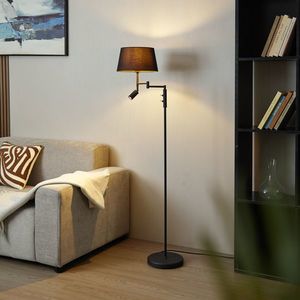Stojaca lampa čierna s čiernym tienidlom a nastaviteľným svetlom na čítanie - Ladas vyobraziť