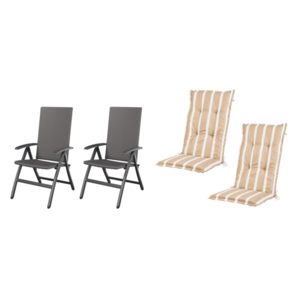 LIVARNO home Skladacie kreslo Valencia, 2 kusy, sivé + Podložka na kreslo s vysokým operadlom Valencia/Miami, 2 kusy, pruhy/béžová vyobraziť