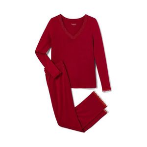 Pyžamová súprava s čipkovaným lemom, červená vyobraziť