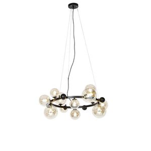 Art Deco závesné svietidlo čierne s jantárovým sklom 12-žiarovkové - David vyobraziť