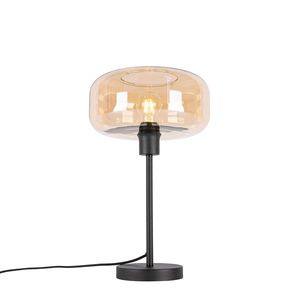 Art Deco stolná lampa čierna s jantárovým sklom - Bizle vyobraziť
