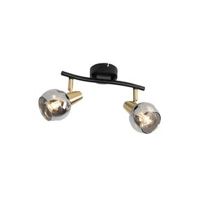 Stropné svietidlo čierne s mosadzou a dymovým sklom 2-svetlo - Vidro vyobraziť