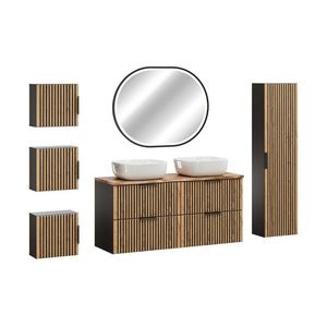 Koupelnová sestava Casad Nature Smile s deskou, skříňkami, umyvadly a LED zrcadlem 120 cm černá/dub wotan vyobraziť