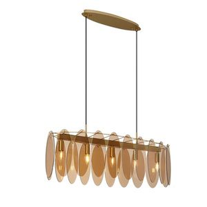 Závesná lampa Art Deco zlatá s jantárovým sklom oválna 5-svetiel - Mochan vyobraziť