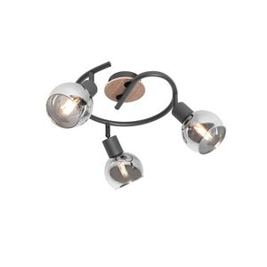 Stropné svietidlo čierne 44, 5 cm s dymovým sklom a drevom 3-svetlo - Vidro vyobraziť