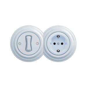 lap – Retro jednopólový vypínač č. 1 a zásuvka SCHUKO 230 V s modrým rámčekom 2xKA0026+KA0019+KA0108 vyobraziť