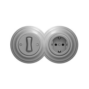 lap - Retro jednopólový vypínač č. 1 a zásuvka SCHUKO 230 V so sivým rámčekom 2xKA0053+KA0046+KA0111 vyobraziť