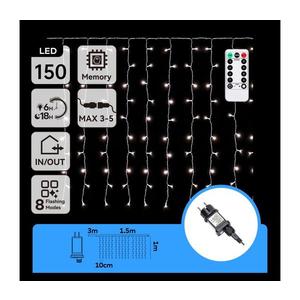 B.V. - LED vonkajší vianočný reťaz, 150×LED, 6 W, 230 V, 8 režimov, 1, 5×1 m, IP44, studená biela + diaľkové ovládanie B10303S7B vyobraziť