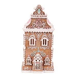 Vianočná dekorácia Perníková vežička s ružovou strechou, polyresin, LED, hnedá vyobraziť