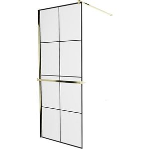 MEXEN/S - KIOTO Sprchová zástena WALK-IN s poličkou a držiakom uterákov 70 x 200, transparent/čierna 8 mm, zlatá 800-070-121-50-77 vyobraziť