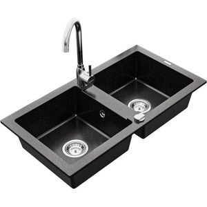 MEXEN/S MEXEN/S - Mario granitový drez 2-bowl vrátane batérie Telma, čierna/strieborný 6504-73-670200-00 vyobraziť