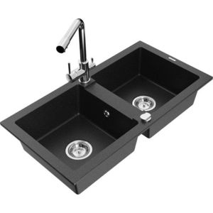 MEXEN/S MEXEN/S - Mario granitový drez 2-bowl vrátane batérie Duero, čierna/strieborná metalík 6504-73-671600-00 vyobraziť