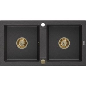 MEXEN/S MEXEN/S - Mario granitový drez 2-bowl 820x436 mm, čierna kropenatá, + zlatý sifón 6504822000-76-G vyobraziť