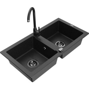 MEXEN/S MEXEN/S - Mario granitový drez 2-bowl vrátane batérie Telma, čierna/strieborná 6504-73-670200-70-B vyobraziť