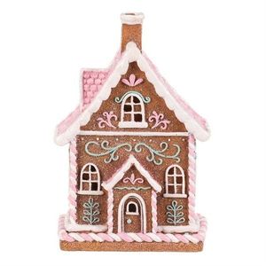 Vianočná dekorácia Perníkový domček s ružovou strechou, polyresin, LED, hnedá vyobraziť
