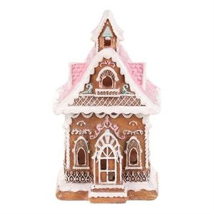 Vianočná dekorácia Perníková chalúpka s ružovou strechou, polyresin, LED, hnedá vyobraziť
