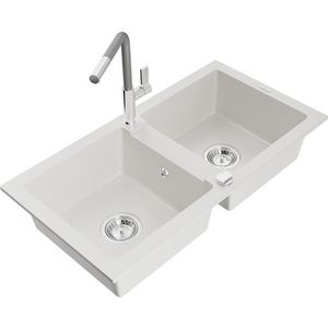 MEXEN/S MEXEN/S - Mario granitový drez 2-bowl vrátane batérie Flora, biela 6504-20-670401-06 vyobraziť