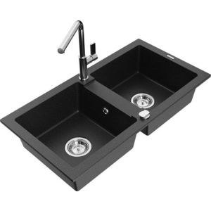 MEXEN/S MEXEN/S - Mario granitový drez 2-bowl vrátane batérie Flora, čierna/strieborná metalík 6504-73-670401-00 vyobraziť