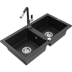 MEXEN/S MEXEN/S - Mario granitový drez 2-bowl vrátane batérie Flora, čierna/strieborná metalík 6504-73-670401-07 vyobraziť