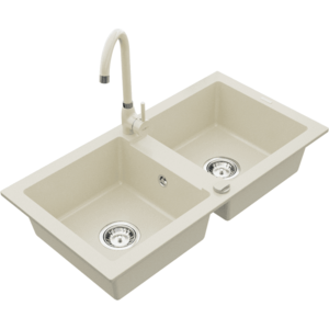 Dvoukomorový granitový dřez MEXEN MARIO s kuchyňskou baterií béžový vyobraziť