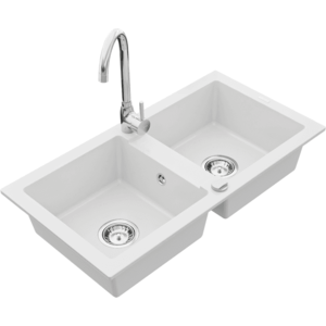 Dvoukomorový granitový dřez MEXEN MARIO s kuchyňskou baterií bílý/chrom vyobraziť