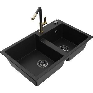 MEXEN/S MEXEN/S - Tomas granitový drez 2-bowl vrátane batérie Flora, čierna 6516-77-670401-57-B vyobraziť