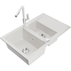 MEXEN/S MEXEN/S - Gaspar granitový drez 1.5 s odkvapkávačom vrátane batérie Flora, biela 6507-20-670401-02 vyobraziť