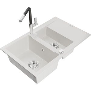 MEXEN/S MEXEN/S - Gaspar granitový drez 1.5 s odkvapkávačom vrátane batérie Flora, biela 6507-20-670401-07 vyobraziť