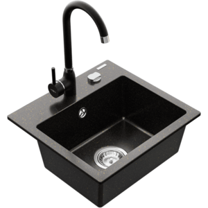 Granitový dřez MEXEN MILO s kuchyňskou baterií černý se zlatým vzorem vyobraziť