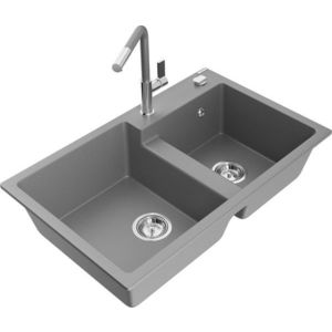 MEXEN/S MEXEN/S - Tomas granitový drez 2-bowl vrátane batérie Flora, šedá 6516-71-670401-06 vyobraziť
