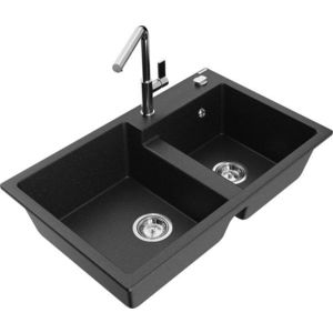 MEXEN/S MEXEN/S - Tomas granitový drez 2-bowl vrátane batérie Flora, čierna/srebrny metalik 6516-73-670401-00 vyobraziť