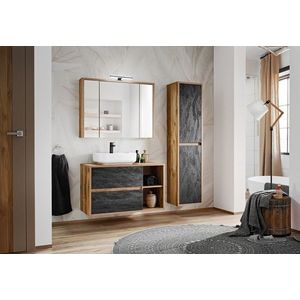 Koupelnová sestava Hampton Concrete s deskou, umyvadlem, zrcadlem a skříňkami 100 cm tmavý beton/dub hunton vyobraziť