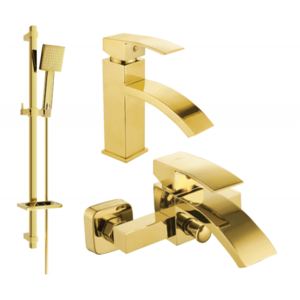 Sada baterií MEXEN LIBRA DQ45 - nízká umyvadlová baterie + vanová baterie se sprchou zlatá vyobraziť