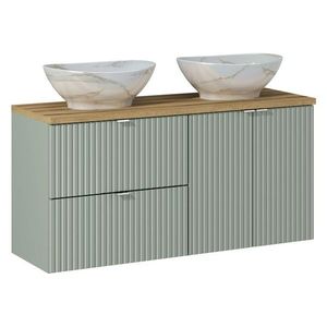 Závěsná skříňka Line Reed Green Pati s deskou a umyvadly 120 cm zelená/dub evoke vyobraziť