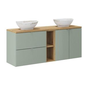 Závěsná skříňka Line Reed Green s deskou a umyvadly 140 cm zelená/dub evoke vyobraziť