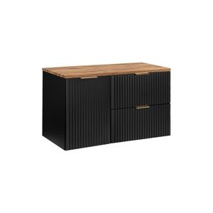 Závěsná skříňka pod umyvadlo Casad s deskou a košem na prádlo 100 cm černá/dub wotan vyobraziť