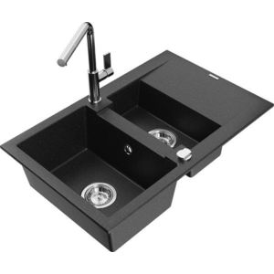 MEXEN/S MEXEN/S - Gaspar granitový drez 1.5 s odkvapkávačom vrátane batérie Flora, čierna/strieborná 6507-73-670401-00 vyobraziť