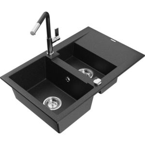 MEXEN/S MEXEN/S - Gaspar granitový drez 1.5 s odkvapkávačom vrátane batérie Flora, čierna/strieborná 6507-73-670401-07 vyobraziť