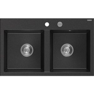 MEXEN MEXEN - Hektor granitový drez 2-bowl 800 x 480 mm, čierna/strieborná metalík, sifón chróm 6521802000-73 vyobraziť