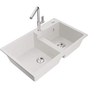 MEXEN/S MEXEN/S - Tomas granitový drez 2-bowl vrátane batérie Flora, biela 6516-20-670401-00 vyobraziť