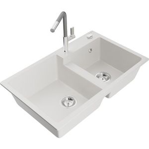 MEXEN/S MEXEN/S - Tomas granitový drez 2-bowl vrátane batérie Flora, biela 6516-20-670401-06 vyobraziť
