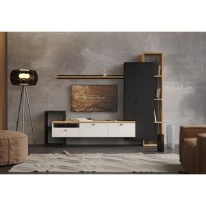 KONDELA Deniso obývacia stena čierna / biela / dub craft zlatý vyobraziť