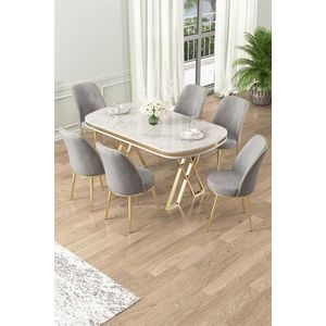 Dining Table & Chairs Set (7 Pieces) Lai - White, Gold, Grey vyobraziť
