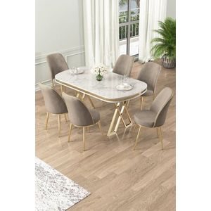 Dining Table & Chairs Set (7 Pieces) Lai - White, Gold, Cappuccino vyobraziť
