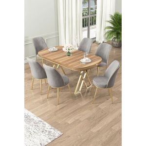 Dining Table & Chairs Set (7 Pieces) Lai - Light Walnut, Gold, Grey vyobraziť