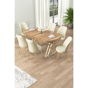 Dining Table & Chairs Set (7 Pieces) Lai - Light Walnut, Gold, Cream vyobraziť