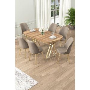 Dining Table & Chairs Set (7 Pieces) Lai - Light Walnut, Gold, Cappuccino vyobraziť